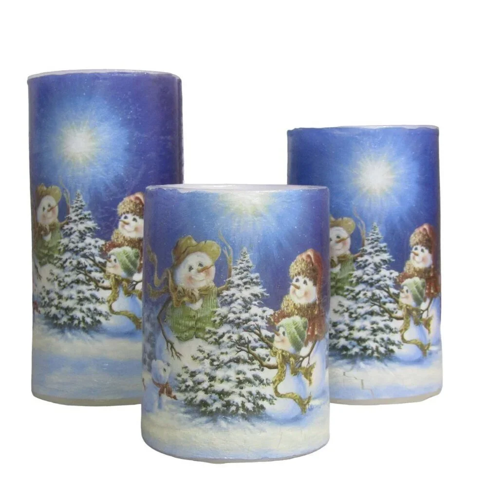 Holiday SNOWMAN NIB 3 Piece FLAMELESS LED Candle set Christmas Xmas Winter New